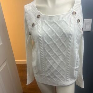 White Cable Knit Sweater with Button Accents